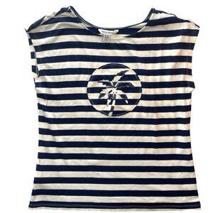 Tommy Bahama Womens Medium Tank Top Nautical Striped Palm Tree Tropical Blue